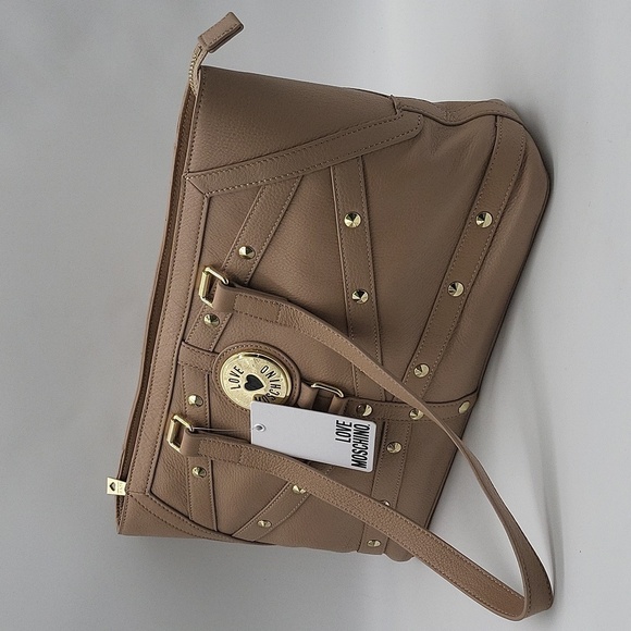 1496- LOVE MOSCHINO Milano Bag Nat Grain Leather Taupe Genuine Leather NWT - Picture 2 of 12